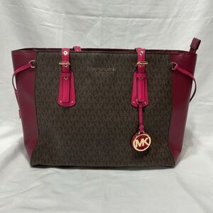 Michael Kors Voyager MD Colorblock Logo Tote Bag - Berry/Brown